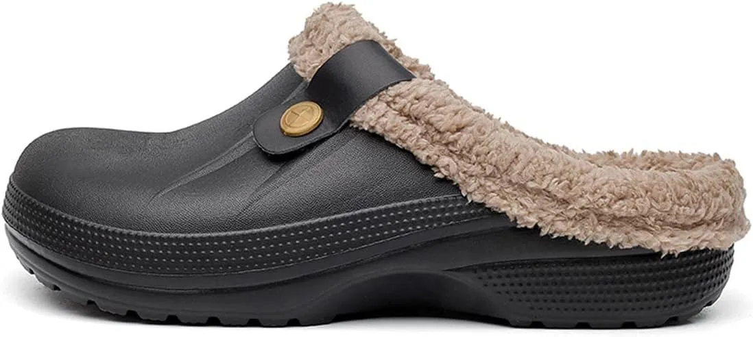 Mens Fur Lined Clogs Womens House Slippers Waterproof Garden Clogs Shoes Winter Warm Plush Home Bedroom Slippers Indoor Outdoor Mules
