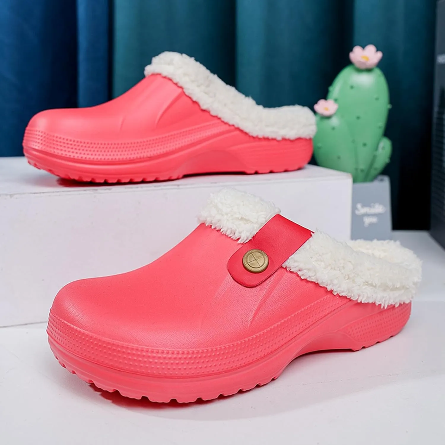 Mens Fur Lined Clogs Womens House Slippers Waterproof Garden Clogs Shoes Winter Warm Plush Home Bedroom Slippers Indoor Outdoor Mules