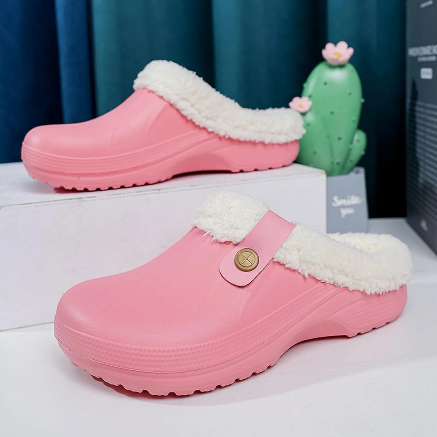 Mens Fur Lined Clogs Womens House Slippers Waterproof Garden Clogs Shoes Winter Warm Plush Home Bedroom Slippers Indoor Outdoor Mules