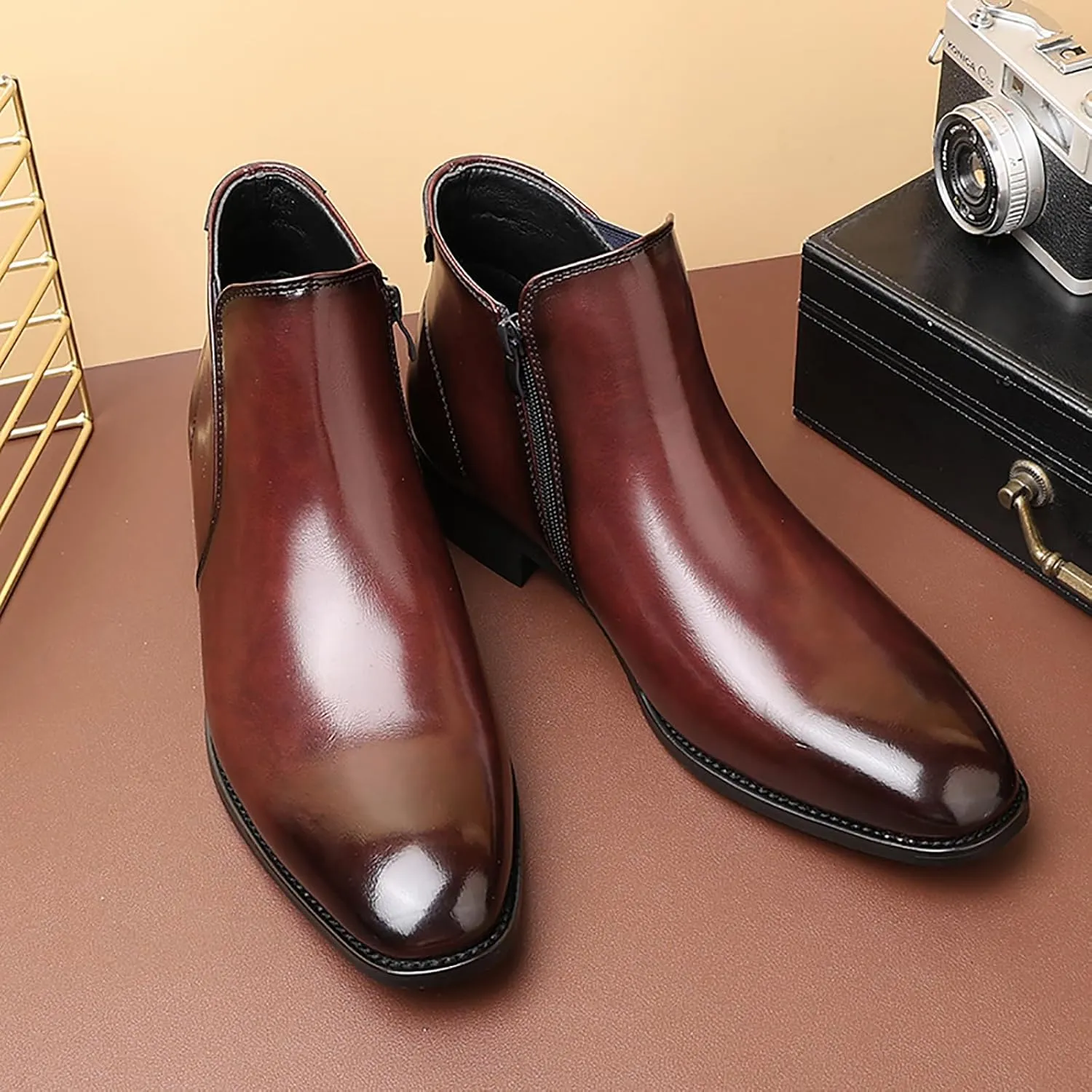 Men's Leather Chelsea Dress Boots with Side Zipper Classic Elastic Comfortable Chunky Heel Chukka Ankle Boots for Business Driving Office Walking Boots