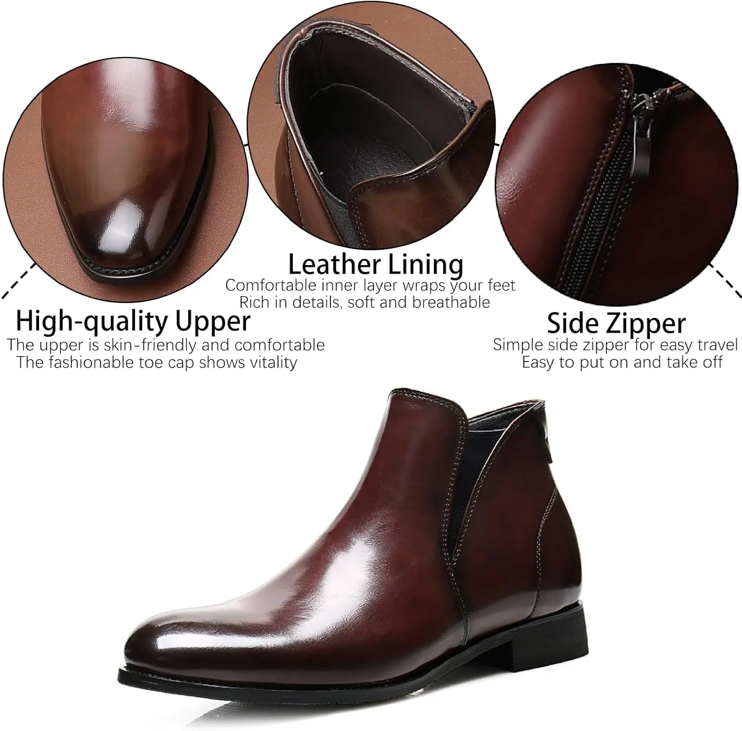 Men's Leather Chelsea Dress Boots with Side Zipper Classic Elastic Comfortable Chunky Heel Chukka Ankle Boots for Business Driving Office Walking Boots