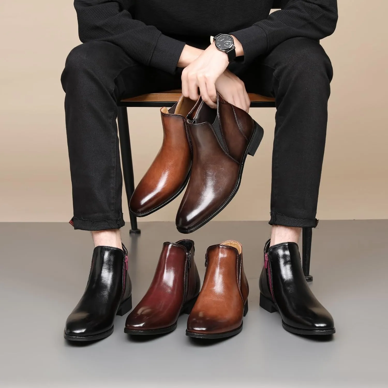 Men's Leather Chelsea Dress Boots with Side Zipper Classic Elastic Comfortable Chunky Heel Chukka Ankle Boots for Business Driving Office Walking Boots