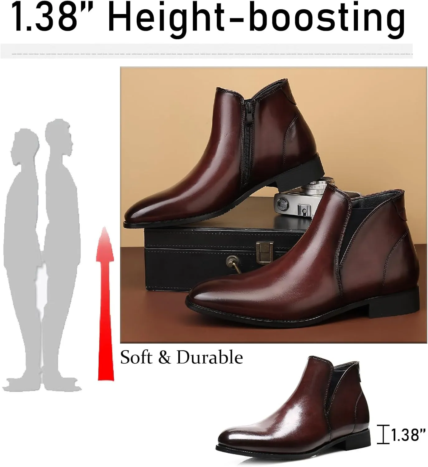 Men's Leather Chelsea Dress Boots with Side Zipper Classic Elastic Comfortable Chunky Heel Chukka Ankle Boots for Business Driving Office Walking Boots