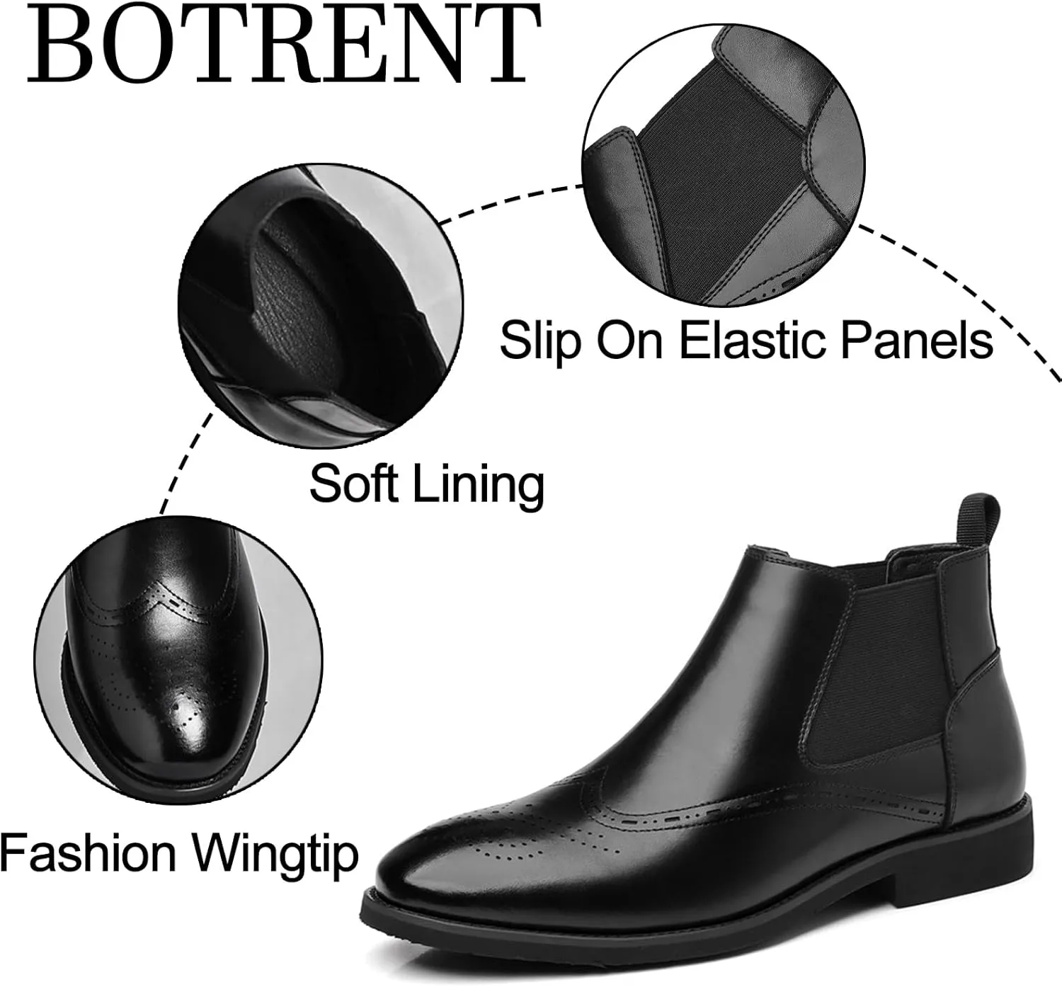 Men's Leather Wingtip Dress Chelsea Boots Casual Pointed Toe Warm Fur Lined Brogue Ankle Boots Fall Winter Business Non Slip Formal Chelsea Boots