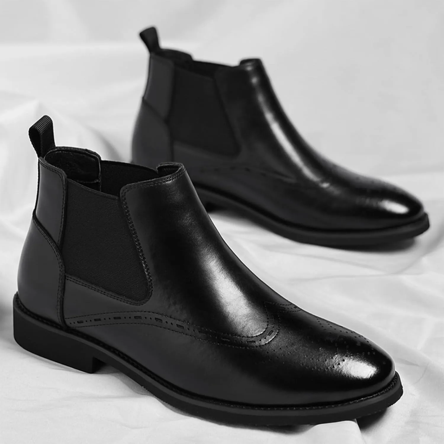 Men's Leather Wingtip Dress Chelsea Boots Casual Pointed Toe Warm Fur Lined Brogue Ankle Boots Fall Winter Business Non Slip Formal Chelsea Boots