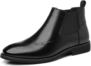 Men's Leather Wingtip Dress Chelsea Boots Casual Pointed Toe Warm Fur Lined Brogue Ankle Boots Fall Winter Business Non Slip Formal Chelsea Boots
