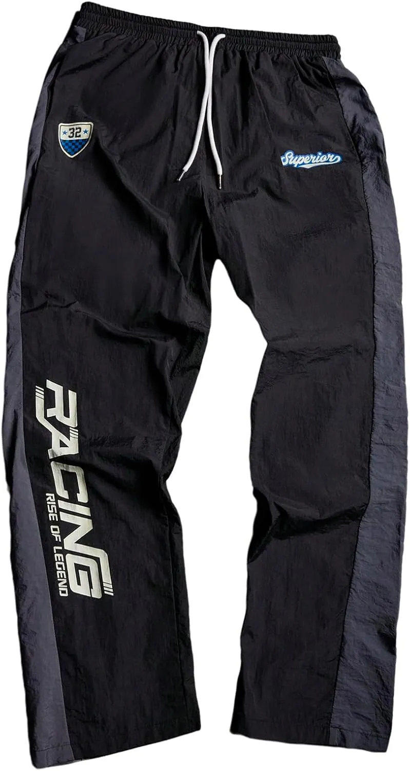 Men's Letter Print Wide Leg Track Pants Drawstring Waist Color Block Casual Workout Trousers