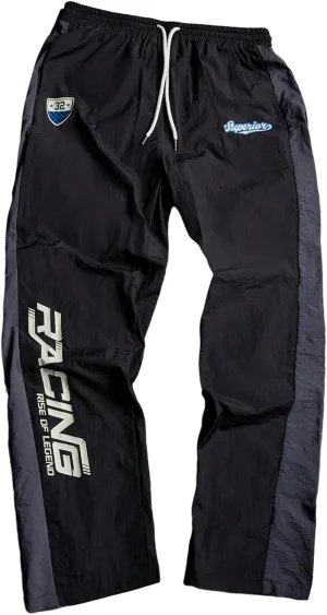 Men's Letter Print Wide Leg Track Pants Drawstring Waist Color Block Casual Workout Trousers