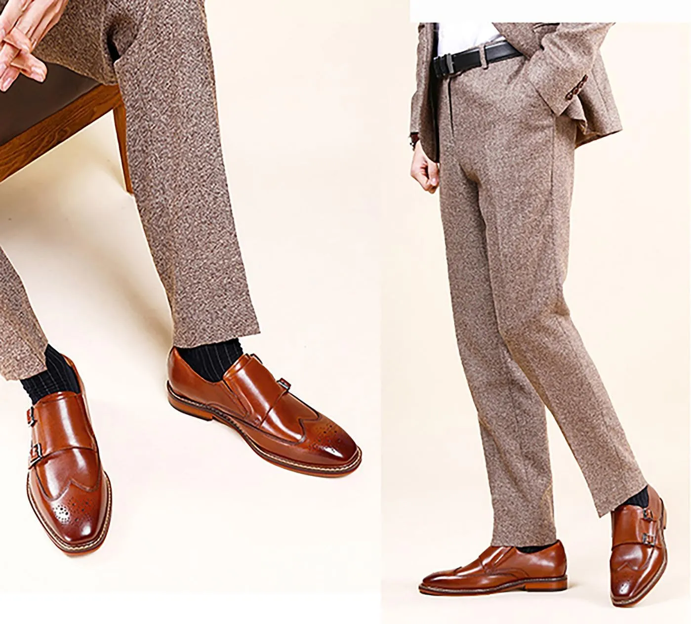 Mens Loafers Silp On Formal Dress Genuine Leather Double Buckle Monk Strap Loafers Fashion Comfort Business Shoes for Men