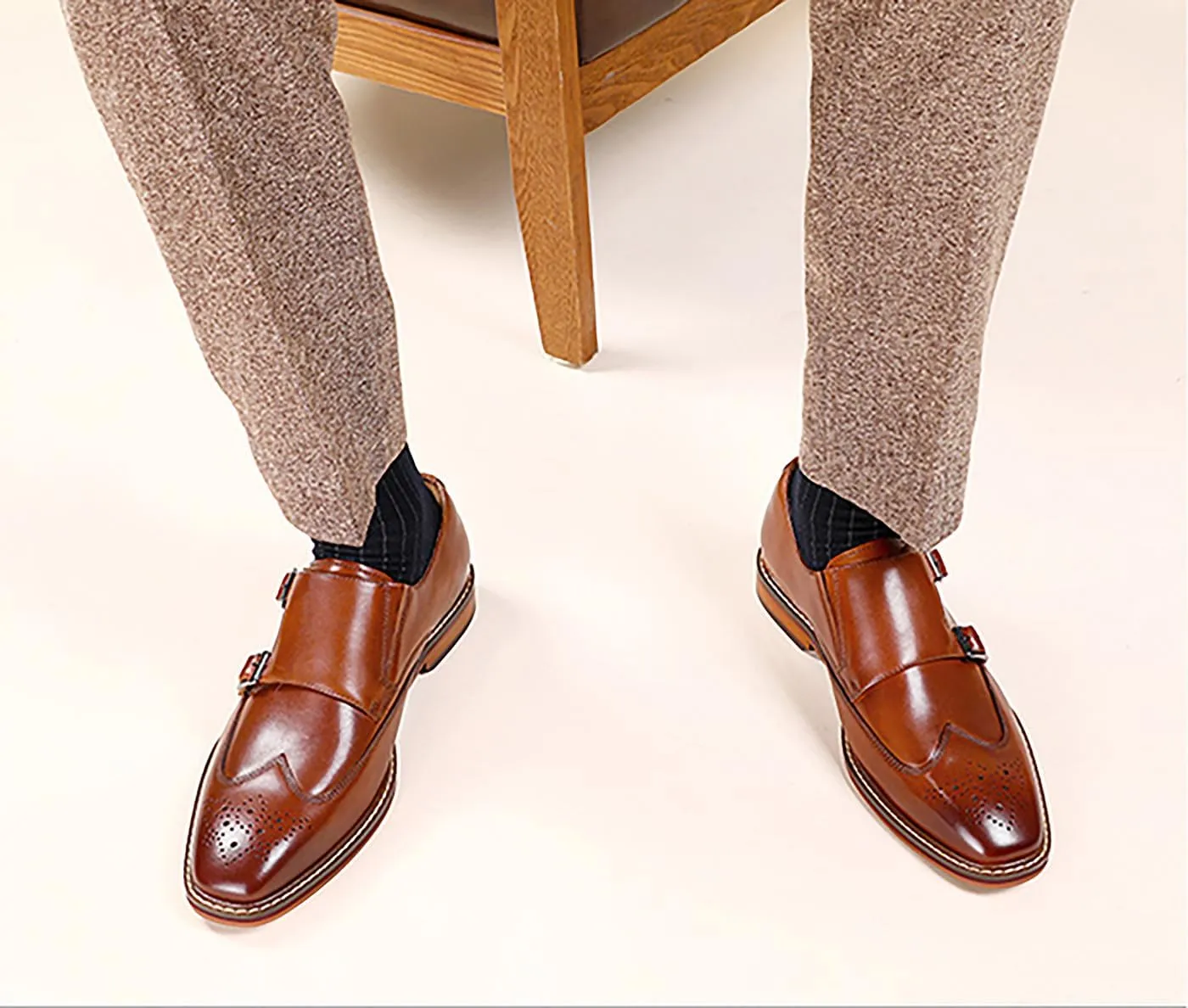 Mens Loafers Silp On Formal Dress Genuine Leather Double Buckle Monk Strap Loafers Fashion Comfort Business Shoes for Men