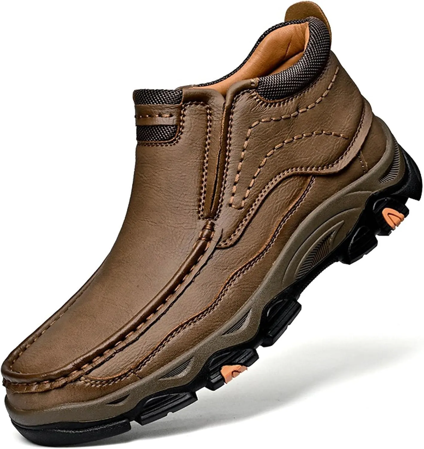 Men's Outdoor Retro Slip On Thick Sole Hiking Shoes Classic Non Slip Leather Adventure Driving Walking Shoes Comfortable Hand Sewn Lefu Shoes