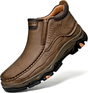 Men's Outdoor Retro Slip On Thick Sole Hiking Shoes Classic Non Slip Leather Adventure Driving Walking Shoes Comfortable Hand Sewn Lefu Shoes