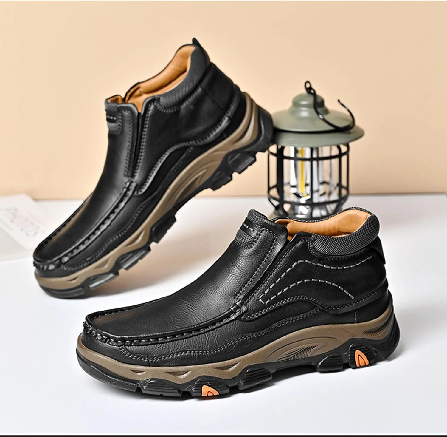 Men's Outdoor Retro Slip On Thick Sole Hiking Shoes Classic Non Slip Leather Adventure Driving Walking Shoes Comfortable Hand Sewn Lefu Shoes