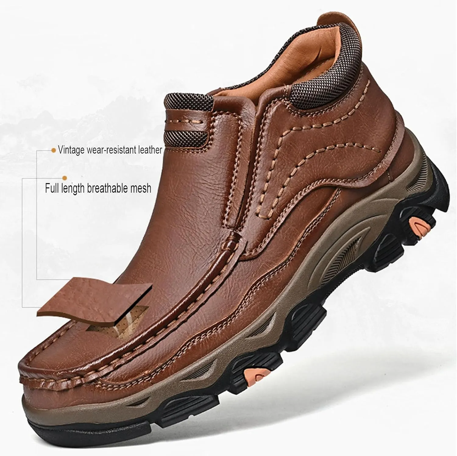 Men's Outdoor Retro Slip On Thick Sole Hiking Shoes Classic Non Slip Leather Adventure Driving Walking Shoes Comfortable Hand Sewn Lefu Shoes
