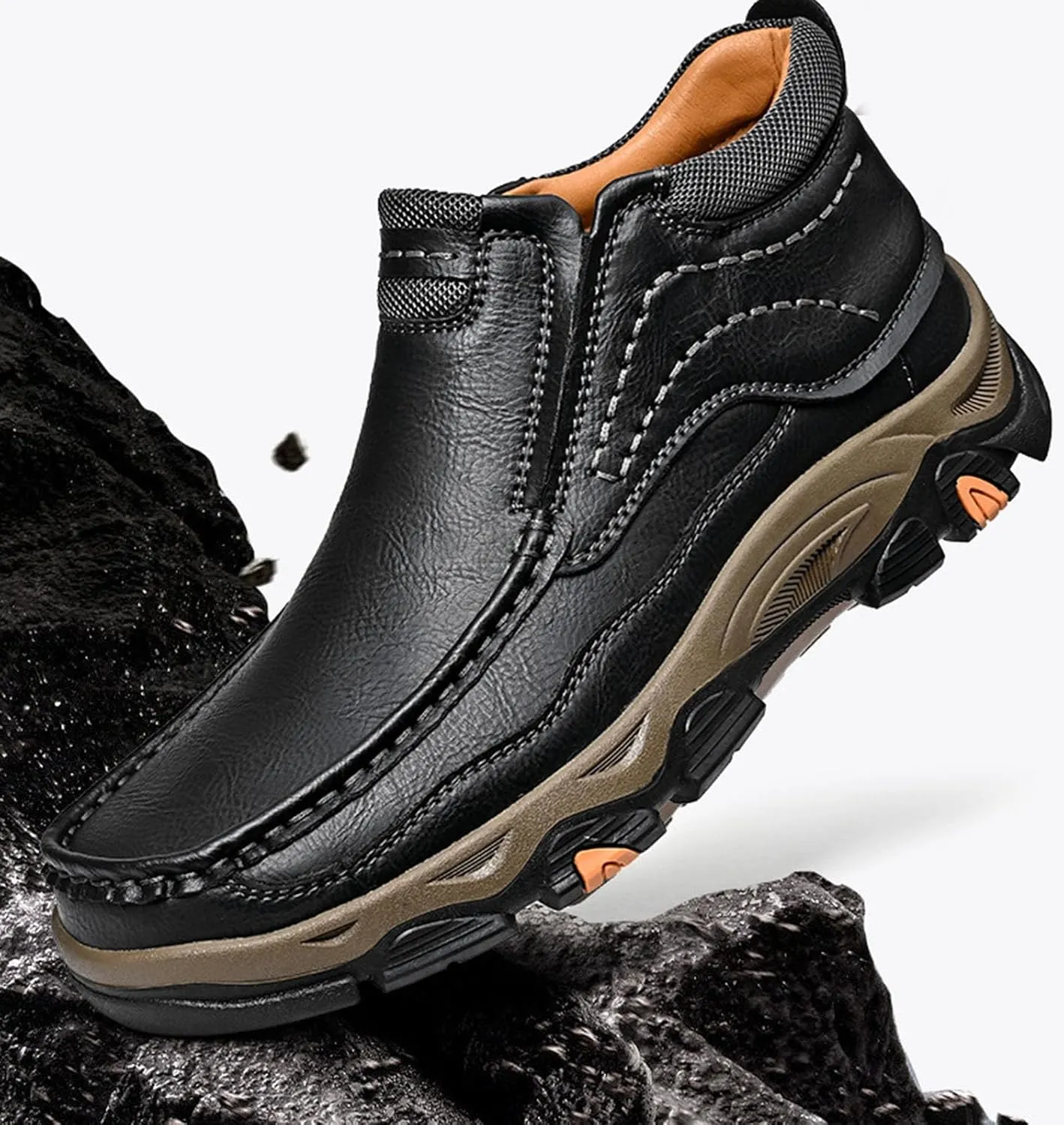 Men's Outdoor Retro Slip On Thick Sole Hiking Shoes Classic Non Slip Leather Adventure Driving Walking Shoes Comfortable Hand Sewn Lefu Shoes