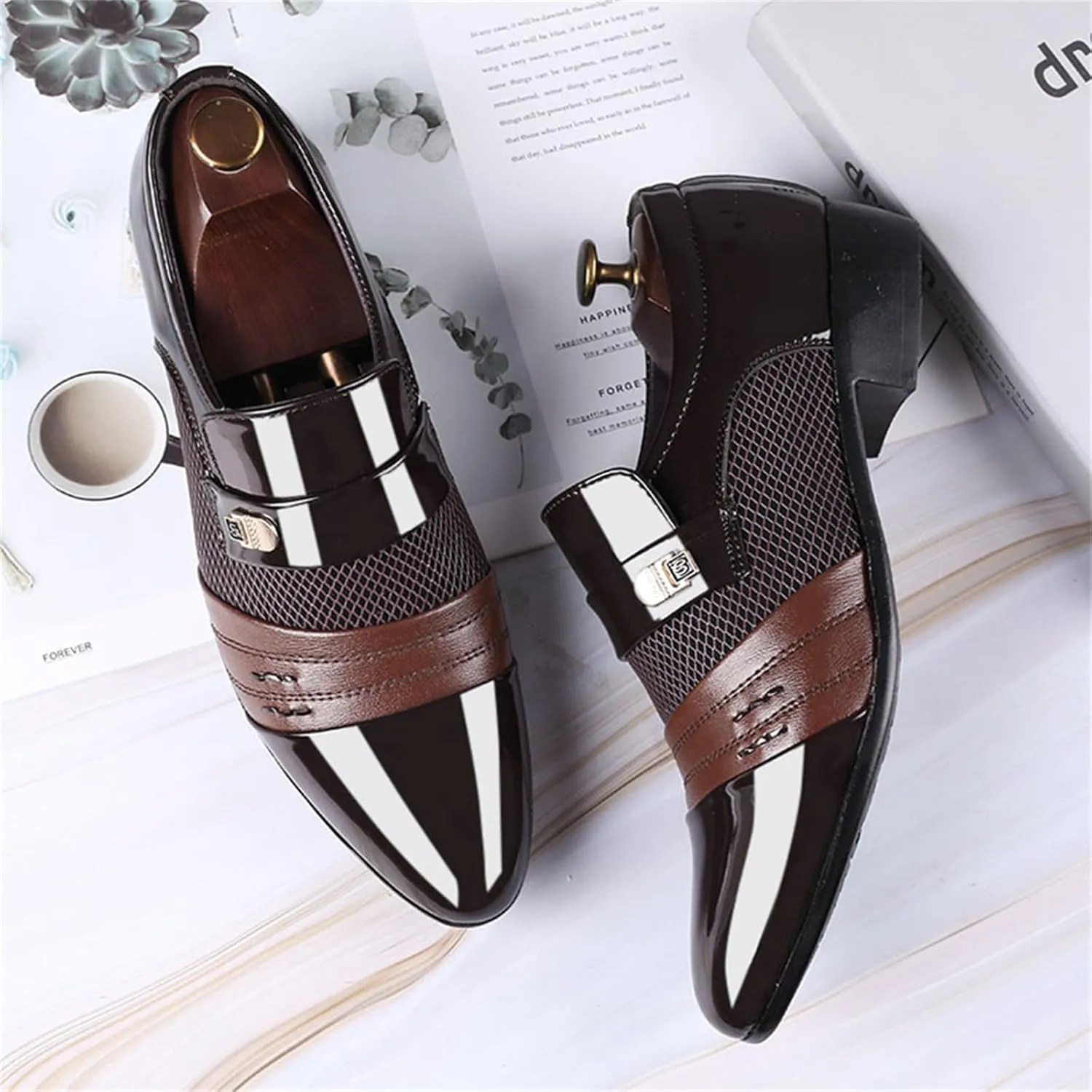 Men's Patent Leather Cap Toe Mesh Slip on Dress Loafers Formal Work Business Dress Office Shoes for Male