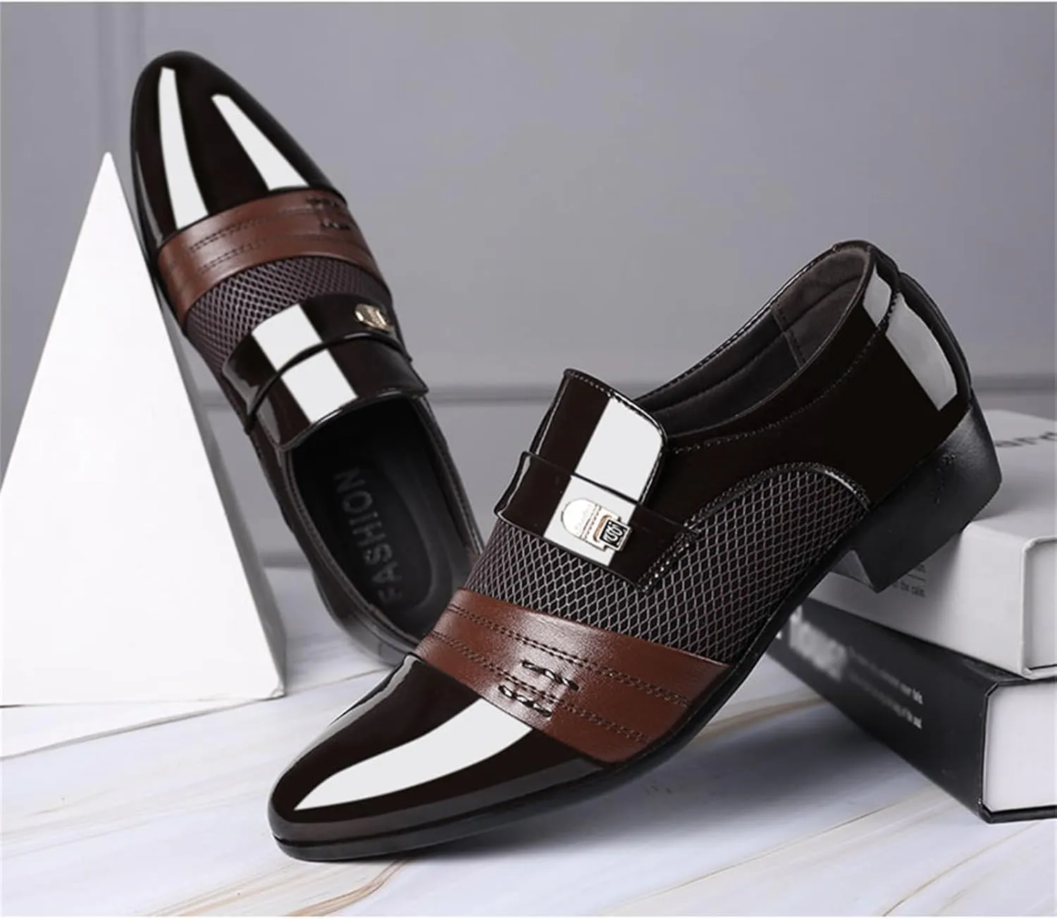 Men's Patent Leather Cap Toe Mesh Slip on Dress Loafers Formal Work Business Dress Office Shoes for Male