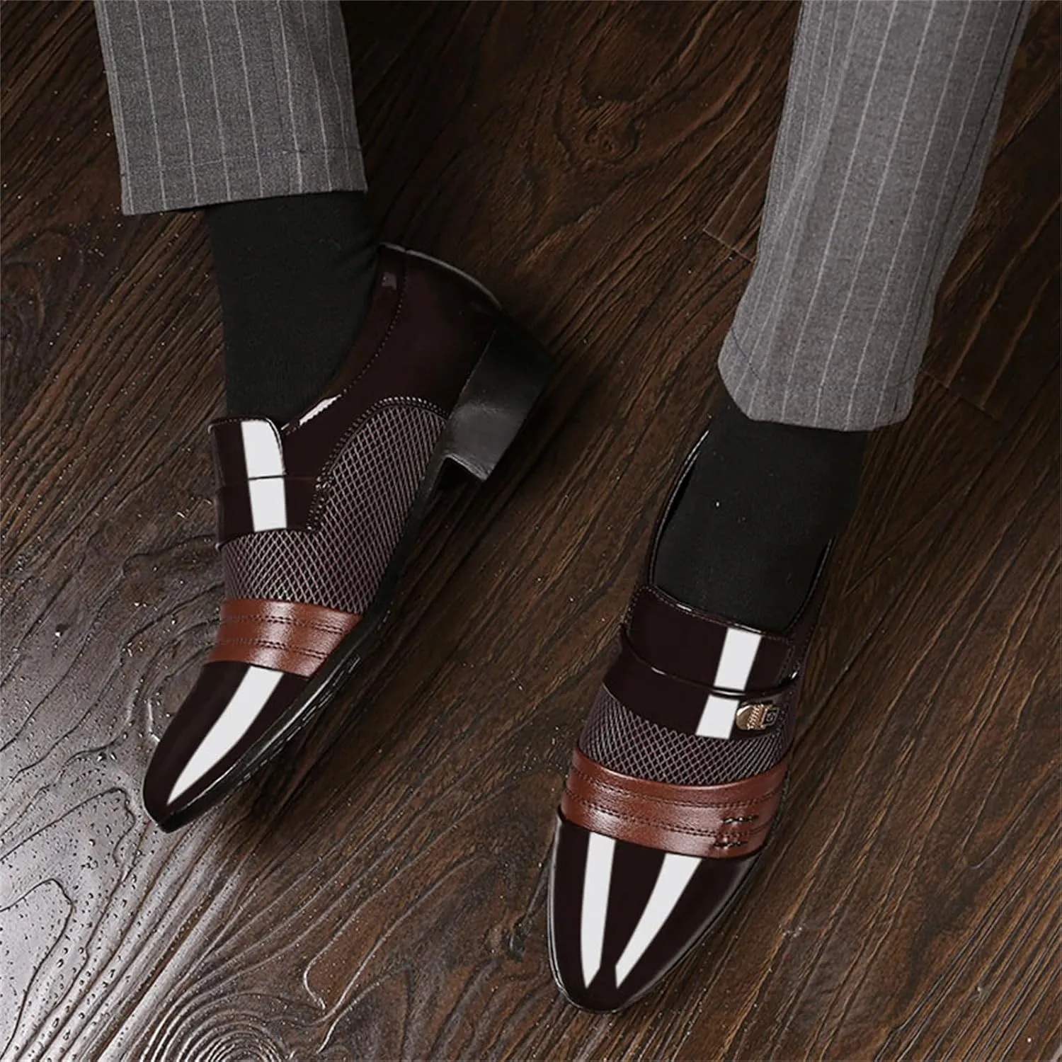 Men's Patent Leather Cap Toe Mesh Slip on Dress Loafers Formal Work Business Dress Office Shoes for Male