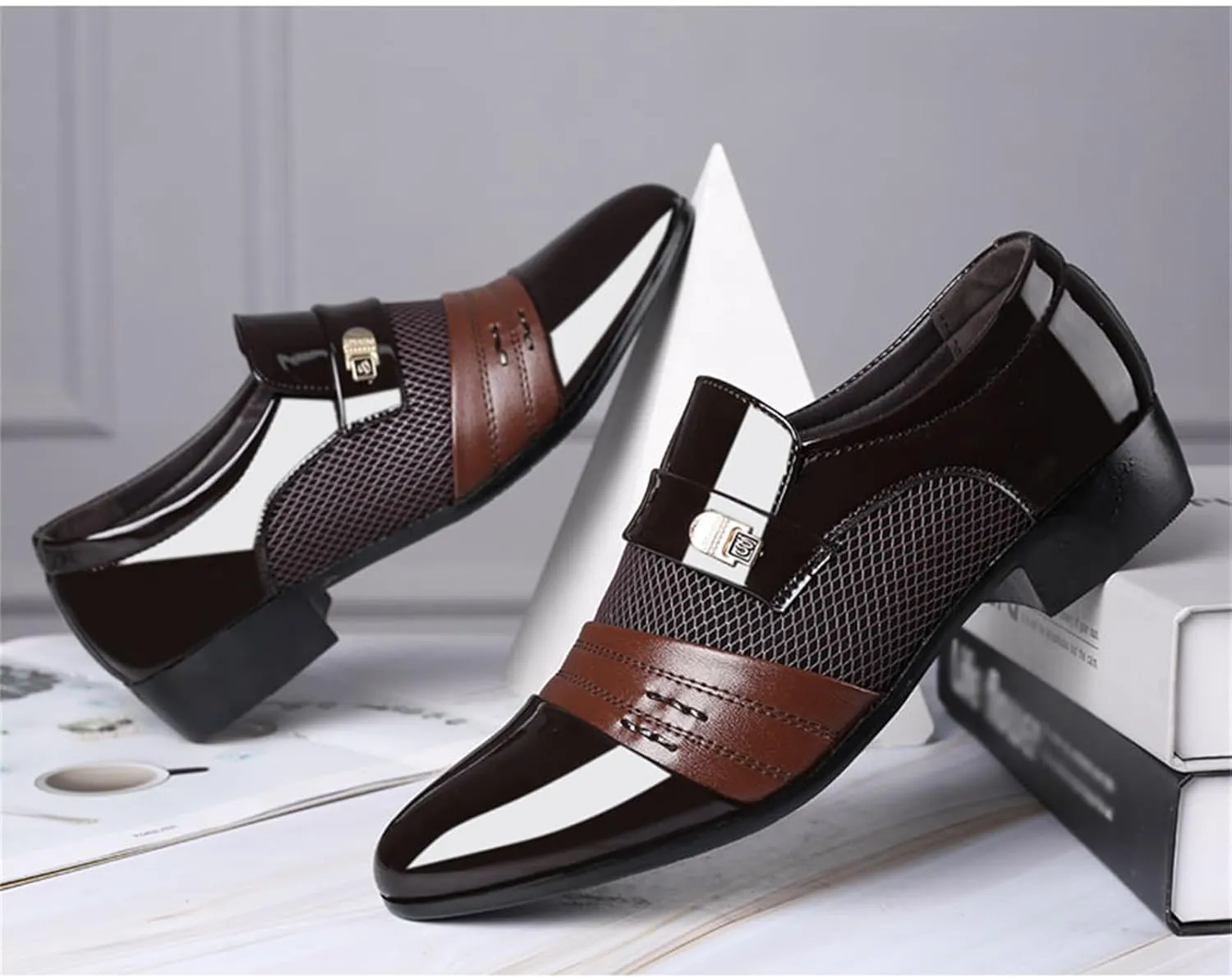 Men's Patent Leather Cap Toe Mesh Slip on Dress Loafers Formal Work Business Dress Office Shoes for Male
