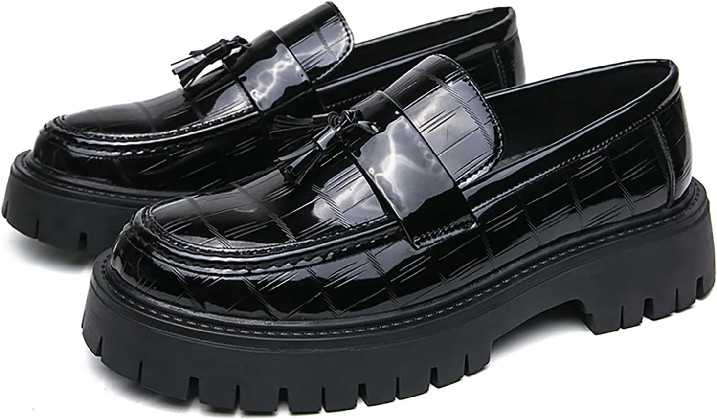 Men's Patent Leather Platform Slip-on Loafers,Fashion Round Toe Metal Decoration Non-Slip Thick Sole Business Dress Shoes Causal Party Wedding Prom Shoes