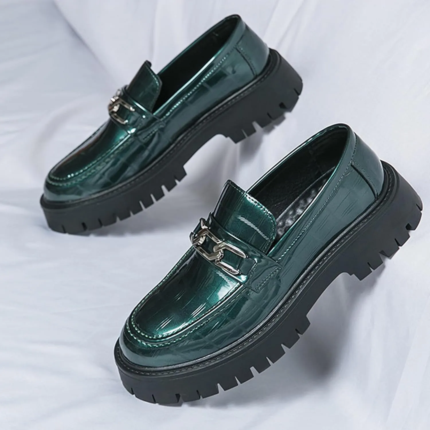 Men's Patent Leather Platform Slip-on Loafers,Fashion Round Toe Metal Decoration Non-Slip Thick Sole Business Dress Shoes Causal Party Wedding Prom Shoes