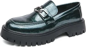 Men's Patent Leather Platform Slip-on Loafers,Fashion Round Toe Metal Decoration Non-Slip Thick Sole Business Dress Shoes Causal Party Wedding Prom Shoes