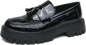 Men's Patent Leather Platform Slip-on Loafers,Fashion Round Toe Metal Decoration Non-Slip Thick Sole Business Dress Shoes Causal Party Wedding Prom Shoes
