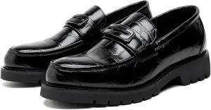 Men's Patent Leather Printed Platform Slip-On Loafers Retro Round Toe Lug Sole Non-Slip Business Formal Shoes Casual Driving Work Shoes