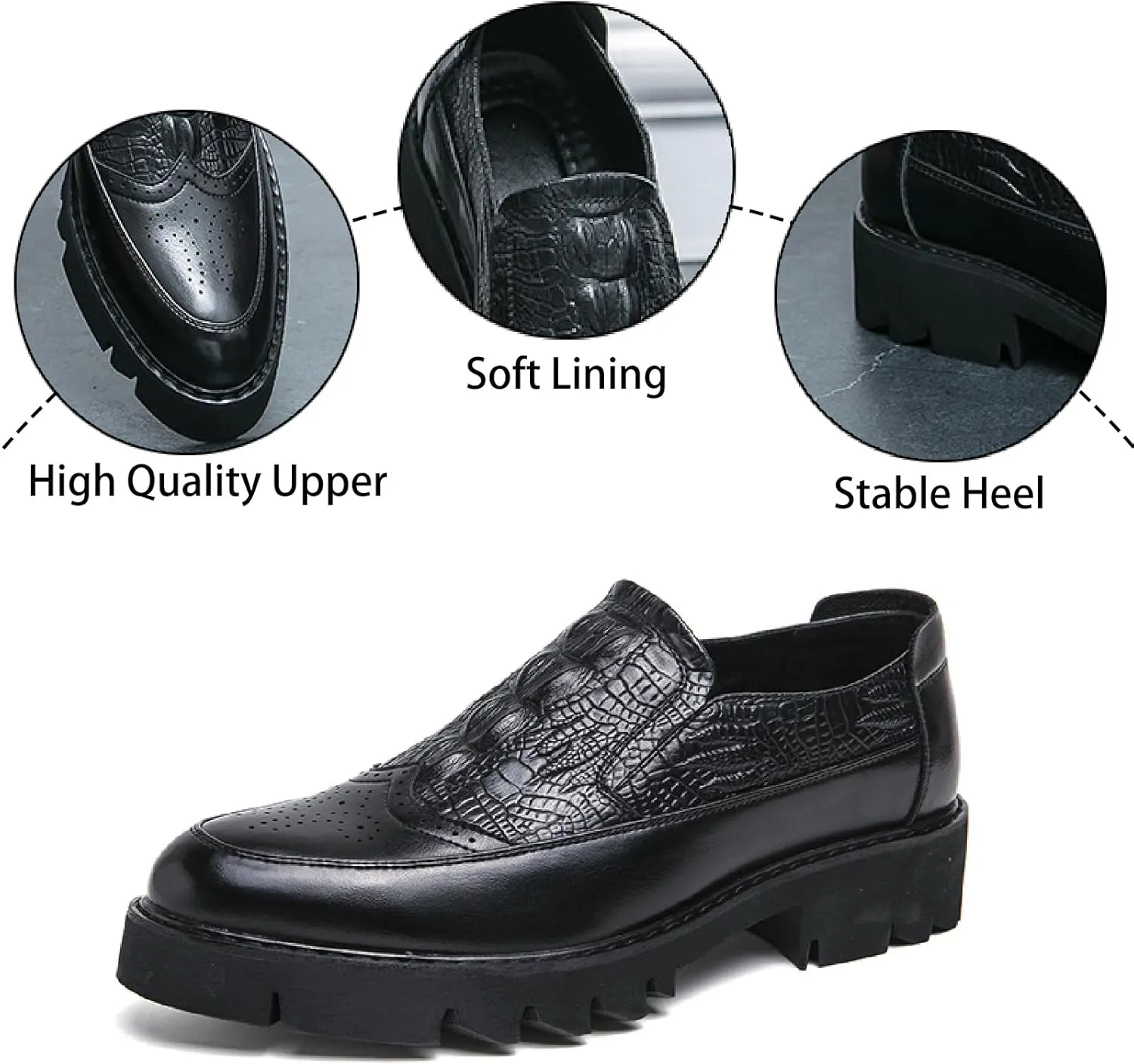 Men's Printed Leather Platform Loafers Comfortable Pointed Toe Slip On Lug Sole Business Oxfords for Party Wedding Office Dress Shoes