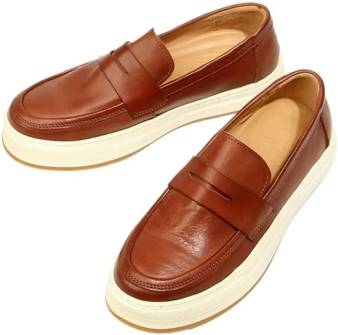 Men's Retro Casual Slip On Loafers Shoes Thick-Soled Comfortable Sneakers Shoes Round Toe Fashion Rubber Soft Sole Breathable Walking Driving Shoes(White-Patch Five-Pointed star4,9)