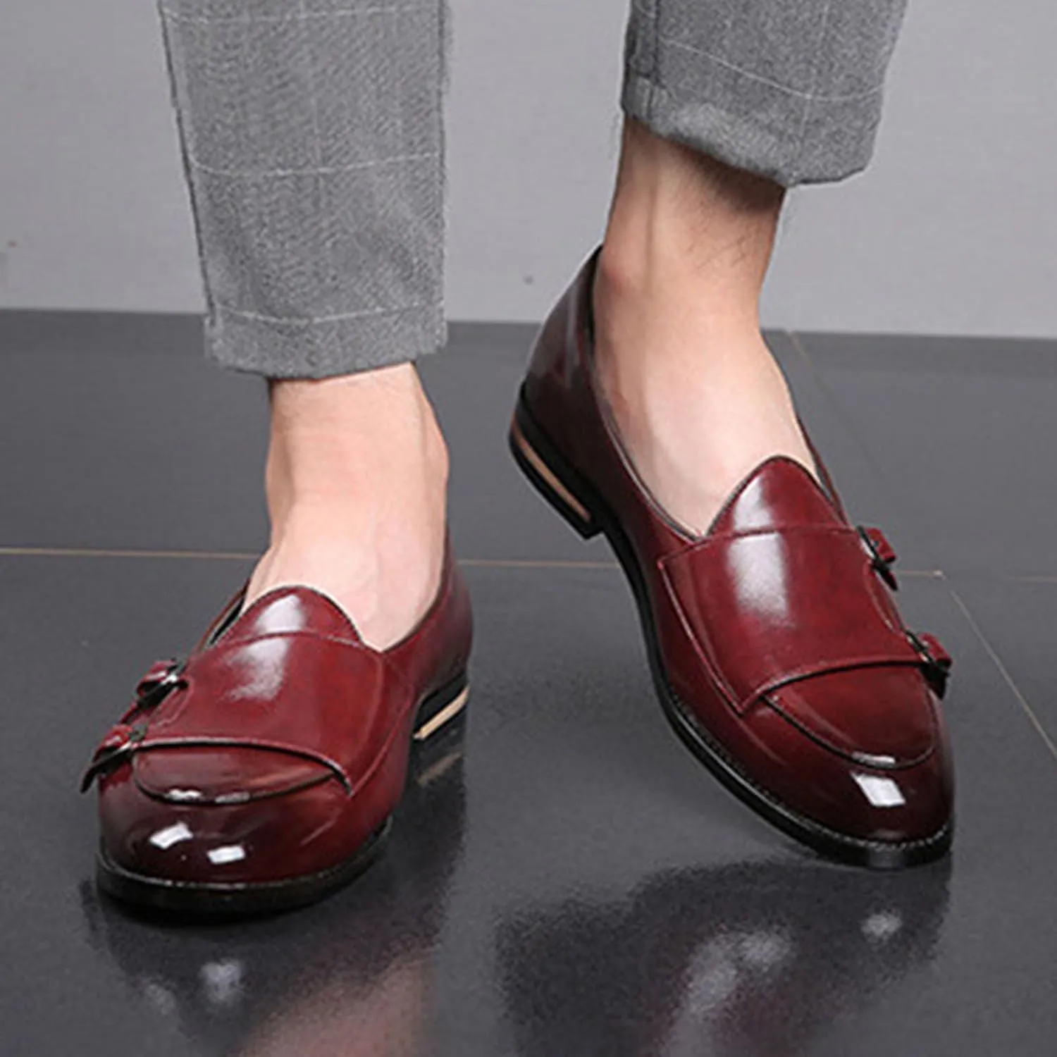 Men's Slip-on Dress Oxford Shoes,Pointed-Toe Low-top Double Monk Strap Black Patent Leather Business Casual Singles