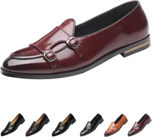 Men's Slip-on Dress Oxford Shoes,Pointed-Toe Low-top Double Monk Strap Black Patent Leather Business Casual Singles