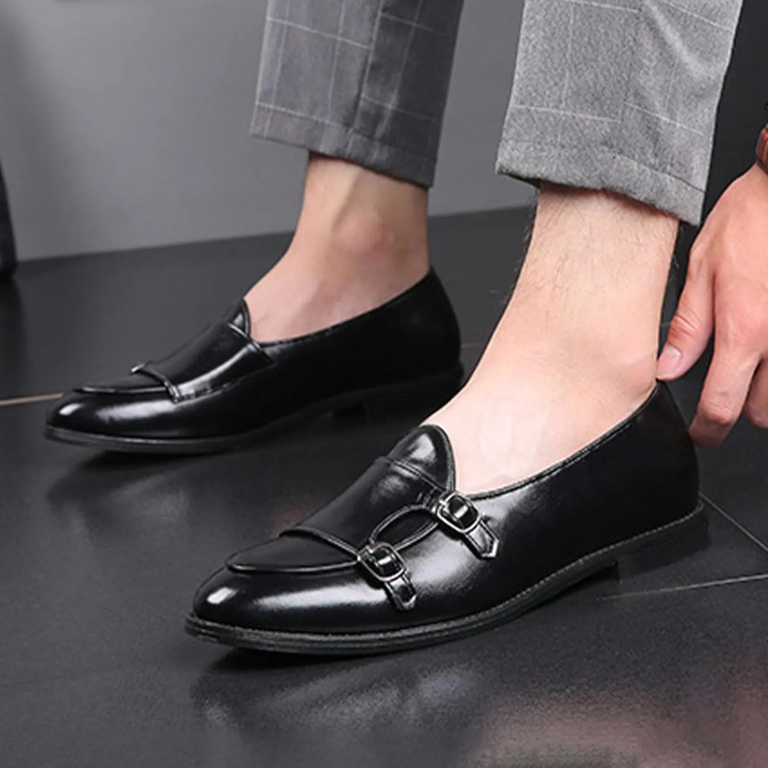 Men's Slip-on Dress Oxford Shoes,Pointed-Toe Low-top Double Monk Strap Black Patent Leather Business Casual Singles