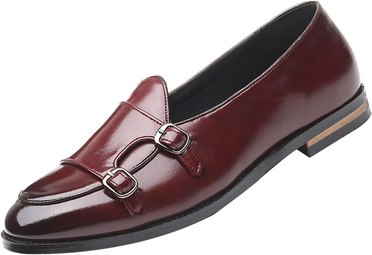 Men's Slip-on Dress Oxford Shoes,Pointed-Toe Low-top Double Monk Strap Black Patent Leather Business Casual Singles
