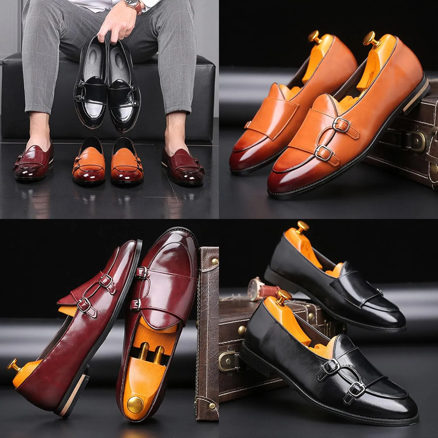 Men's Slip-on Dress Oxford Shoes,Pointed-Toe Low-top Double Monk Strap Black Patent Leather Business Casual Singles