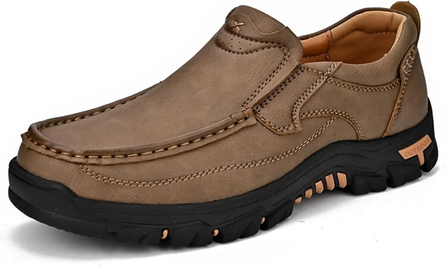 Men's Slip-On Leather Platform Walking Loafers Outdoor Lightweight Non-Slip Soft Sole Hiking Shoes Comfortable Work Office Moccasins Shoes