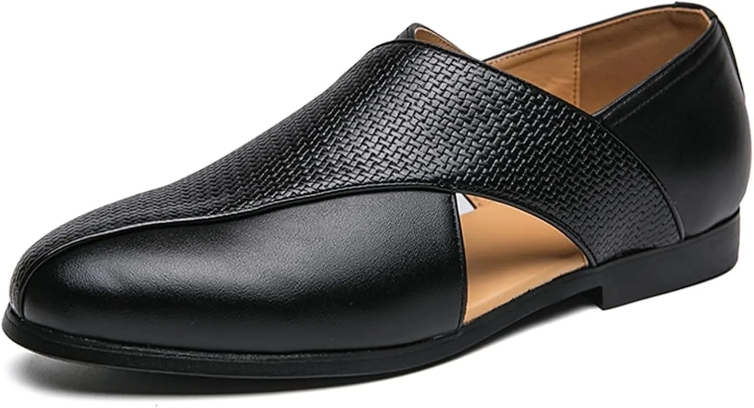 Men's Summer Business Genuine Leather Hollow Loafers Fashionable Retro Round Toe Slip-On Flat Breathable Comfortable Formal Leather Shoes for Men