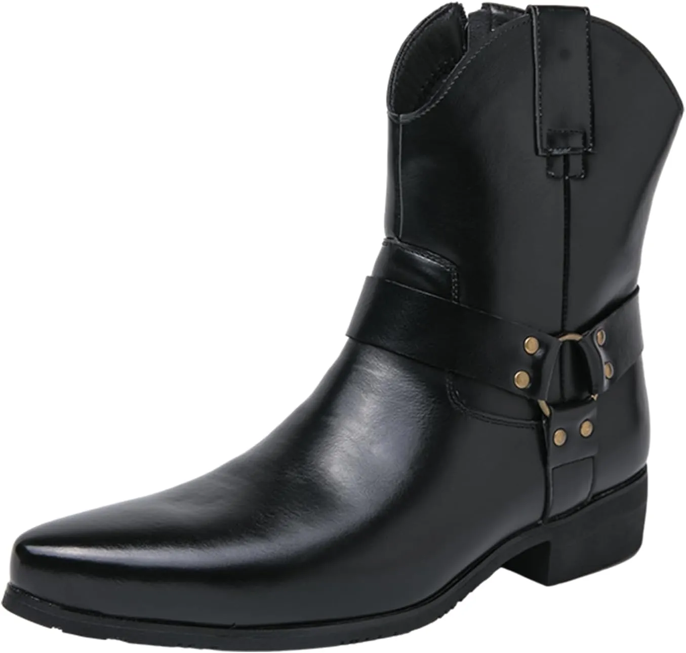 Men's Western Cowboy Boots - Fashion Pointed Toe Chunky Low Heel Belt Buckle Side Zipper Ankle Retro Classic Anti-Slip Short Boots