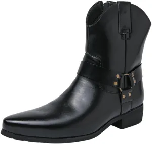 Men's Western Cowboy Boots - Fashion Pointed Toe Chunky Low Heel Belt Buckle Side Zipper Ankle Retro Classic Anti-Slip Short Boots