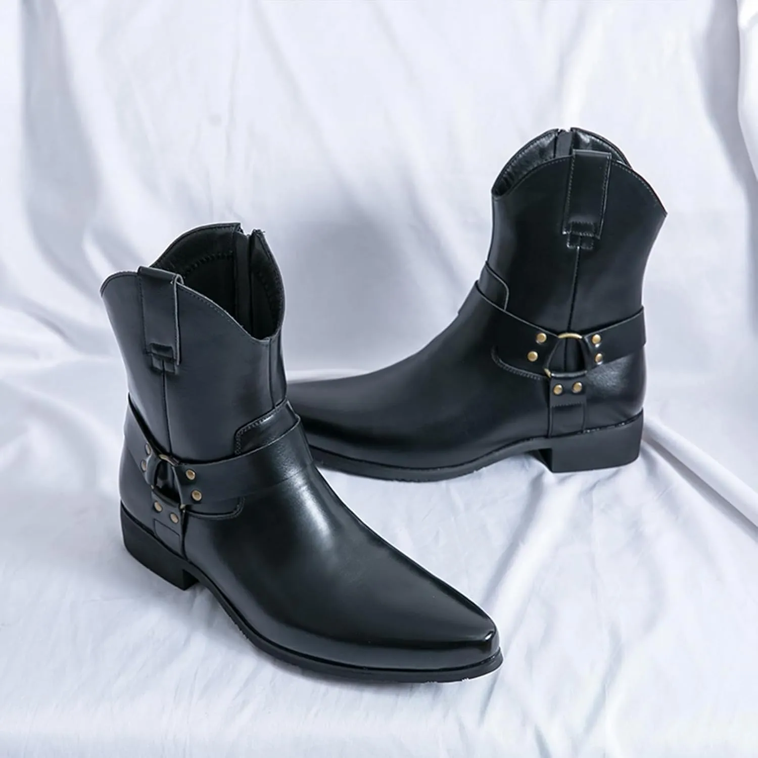 Men's Western Cowboy Boots - Fashion Pointed Toe Chunky Low Heel Belt Buckle Side Zipper Ankle Retro Classic Anti-Slip Short Boots