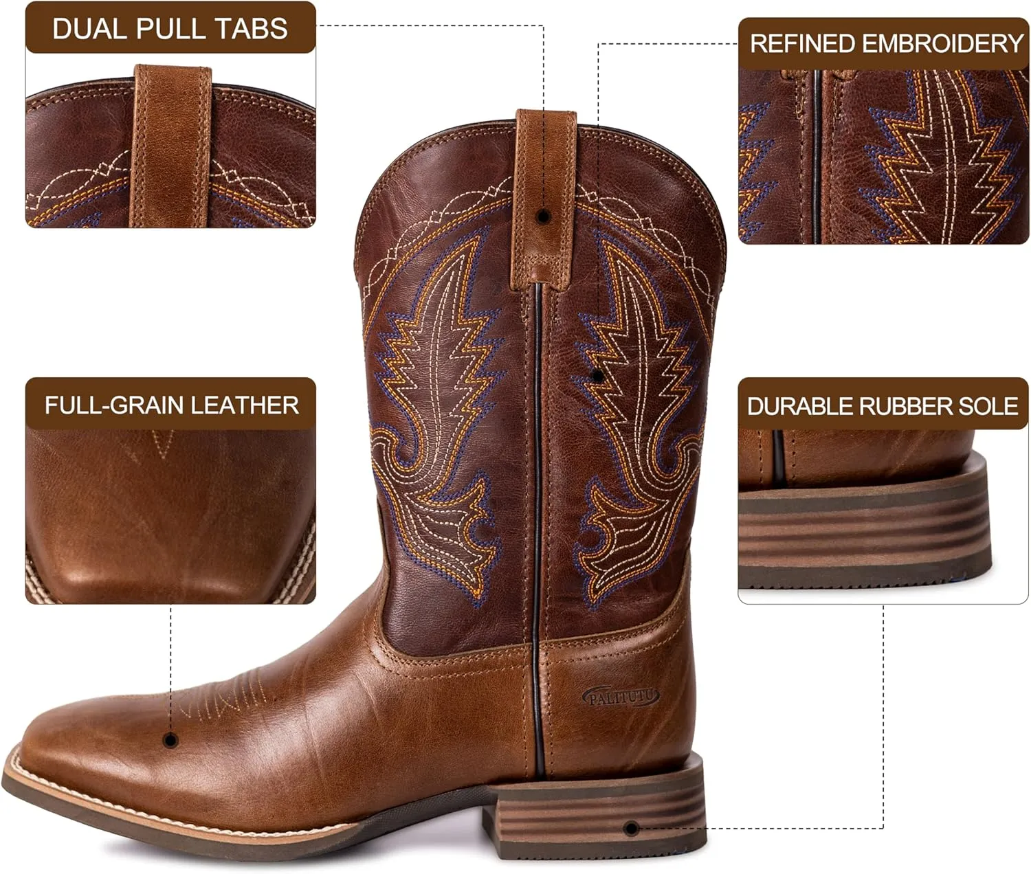 Men’s Western Cowboy Boots, Fashionable Embroidered Full Grain Leather, Square Toe Pull-On, 4-Layer Composite Sole, Slip-Resistant Work & Riding Boots