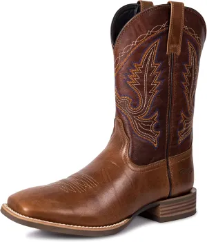 Men’s Western Cowboy Boots, Fashionable Embroidered Full Grain Leather, Square Toe Pull-On, 4-Layer Composite Sole, Slip-Resistant Work & Riding Boots