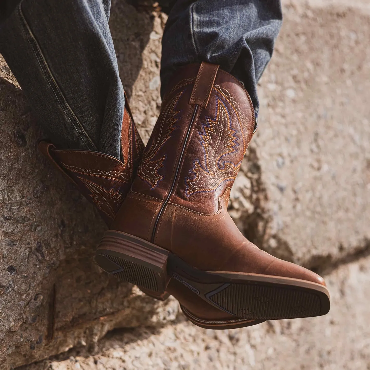 Men’s Western Cowboy Boots, Fashionable Embroidered Full Grain Leather, Square Toe Pull-On, 4-Layer Composite Sole, Slip-Resistant Work & Riding Boots