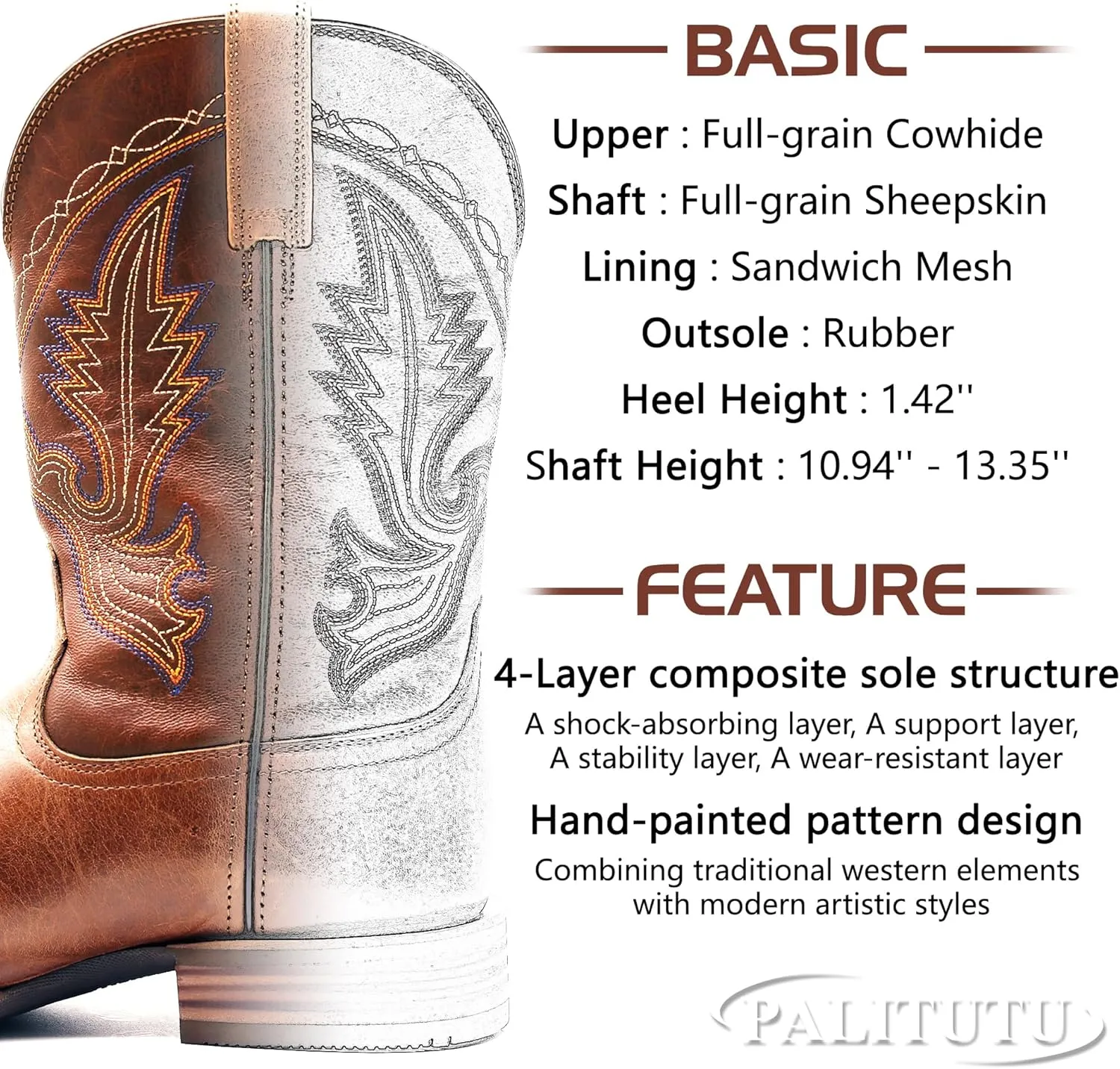 Men’s Western Cowboy Boots, Fashionable Embroidered Full Grain Leather, Square Toe Pull-On, 4-Layer Composite Sole, Slip-Resistant Work & Riding Boots