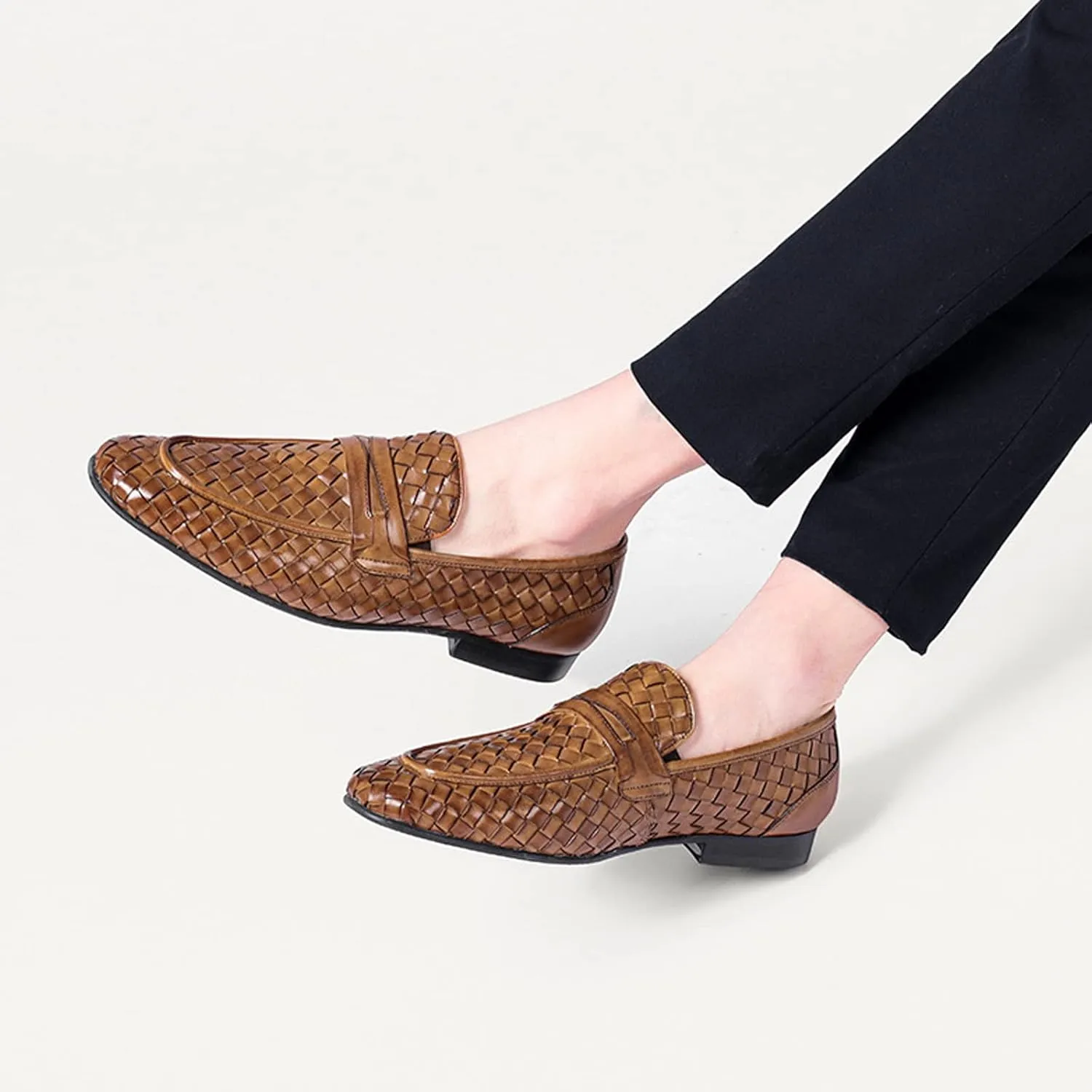 Men's Woven Leather Slip-On Formal Oxfords,Comfortable Breathable Business Flat Loafers Luxury Wedding Party Dress Shoes Soft Sole Walking Shoes