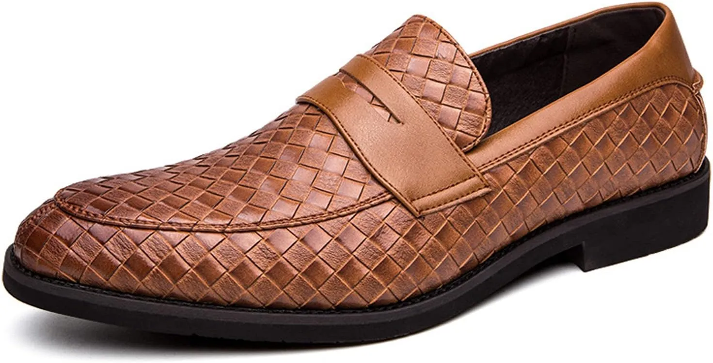 Men's Woven Leather Slip-On Formal Oxfords,Comfortable Breathable Business Flat Loafers Luxury Wedding Party Dress Shoes Soft Sole Walking Shoes