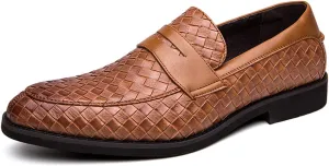 Men's Woven Leather Slip-On Formal Oxfords,Comfortable Breathable Business Flat Loafers Luxury Wedding Party Dress Shoes Soft Sole Walking Shoes