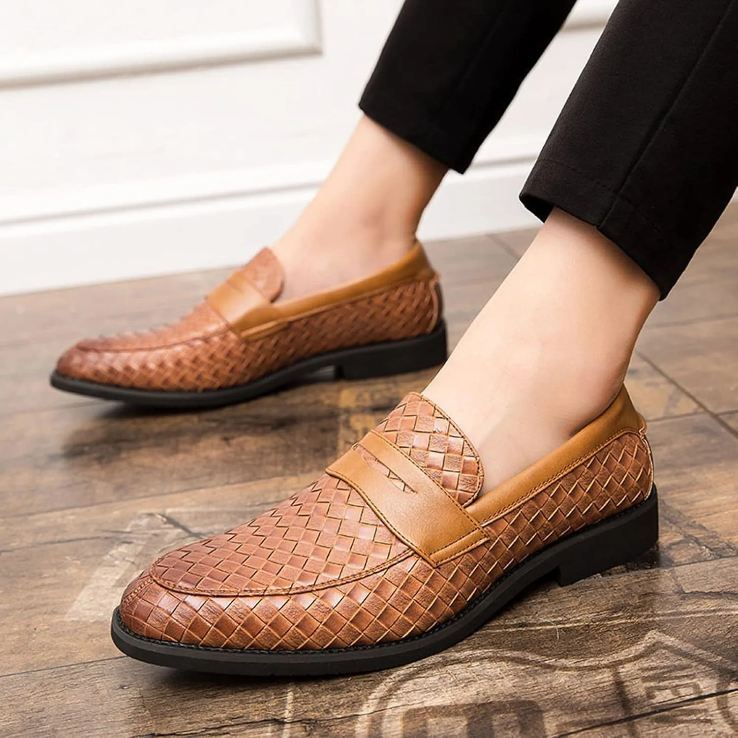 Men's Woven Leather Slip-On Formal Oxfords,Comfortable Breathable Business Flat Loafers Luxury Wedding Party Dress Shoes Soft Sole Walking Shoes