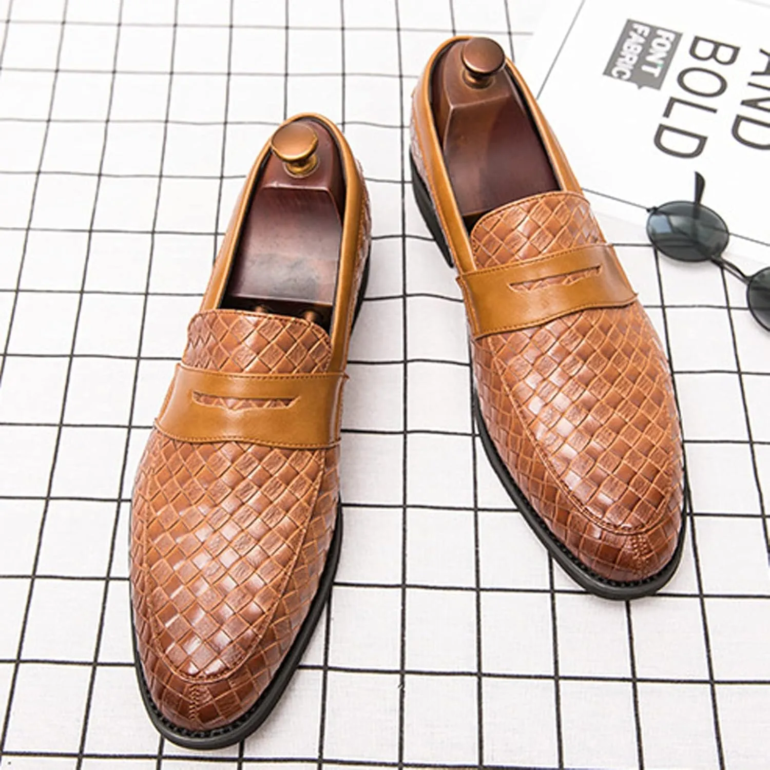 Men's Woven Leather Slip-On Formal Oxfords,Comfortable Breathable Business Flat Loafers Luxury Wedding Party Dress Shoes Soft Sole Walking Shoes