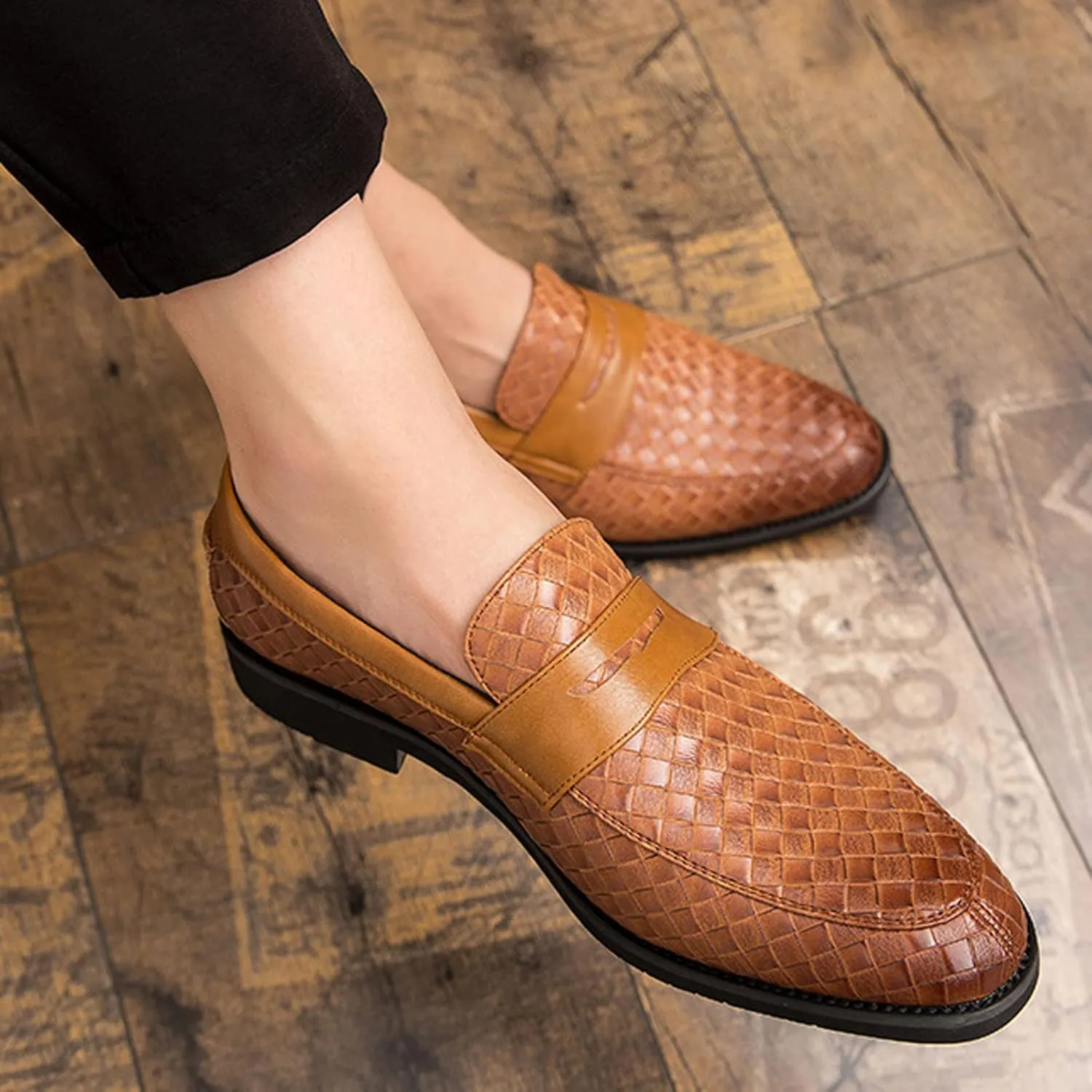 Men's Woven Leather Slip-On Formal Oxfords,Comfortable Breathable Business Flat Loafers Luxury Wedding Party Dress Shoes Soft Sole Walking Shoes
